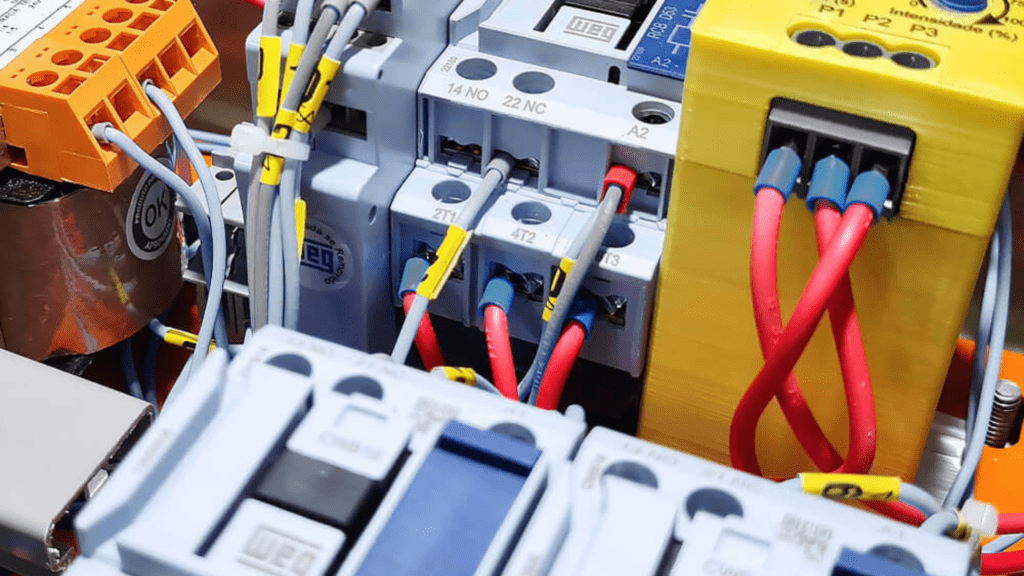 Imagem de um painel de comando aberto, mostrando os componentes internos